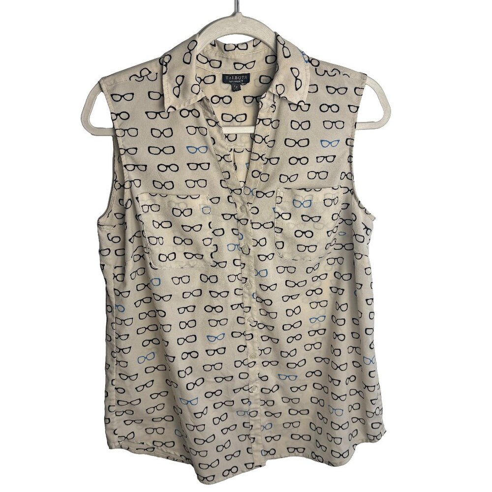 Talbots Nantucket Eyeglass Print Button Front Sleeveless Shirt Size Large Petite